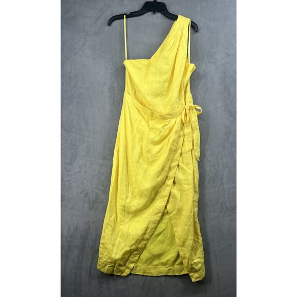 Anthropologie One-Shoulder Linen Dress Size 10 Yellow Wrap Dress - Picture 3 of 11
